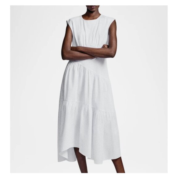 FRAME The Seersucker Gathered Seam Midi Dress White/Light Chambray Small RARE - Picture 1 of 11